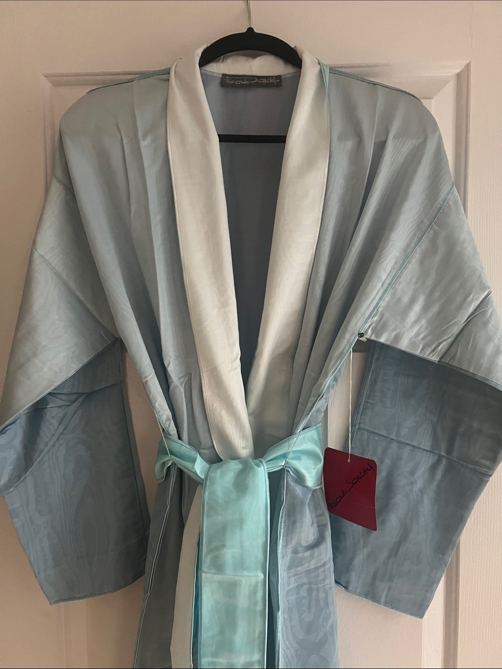 Fernando Sanchez Light Blue Satin Kimono Robe with Contrast Collar and Tie Belt